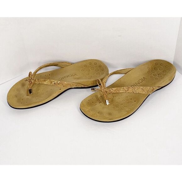 Vionic Bella Sandal Beige Neutral Flip Flop Bow Gold Cork Toe Post Comfort Sz 6 - Picture 8 of 16